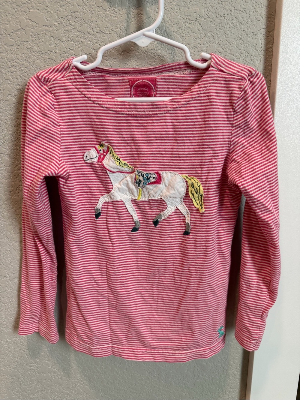 Joules Pink & White Striped Long-Sleeve Tee with Horse Appliqué